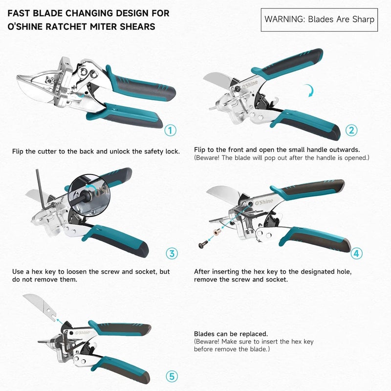 OSHINE O’Shine Ratchet Miter Shears Expert for Angular Cutting Molding Crafting Wood, Quarter Round Cutting Tool, 45-135 Degree Multi Angle PVC Miter Shear Trim Cutter Hand Tool, w/Extra Four Anvils & Blade - Image 4